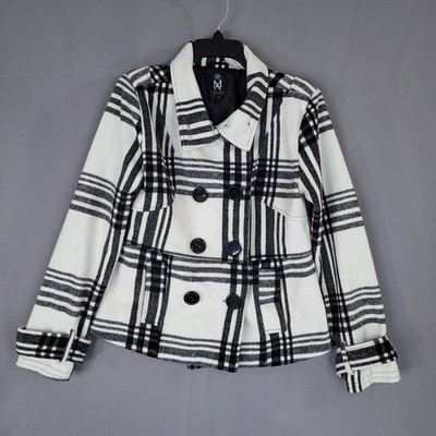 MISS ASHLEY Women's Black White Plaid Pea Coat Jacket M Wool Blend Lined