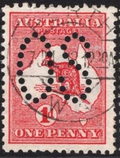 1d RED  KANGAROO PERFORATED LARGE "OS" - FINE USED (A29585)