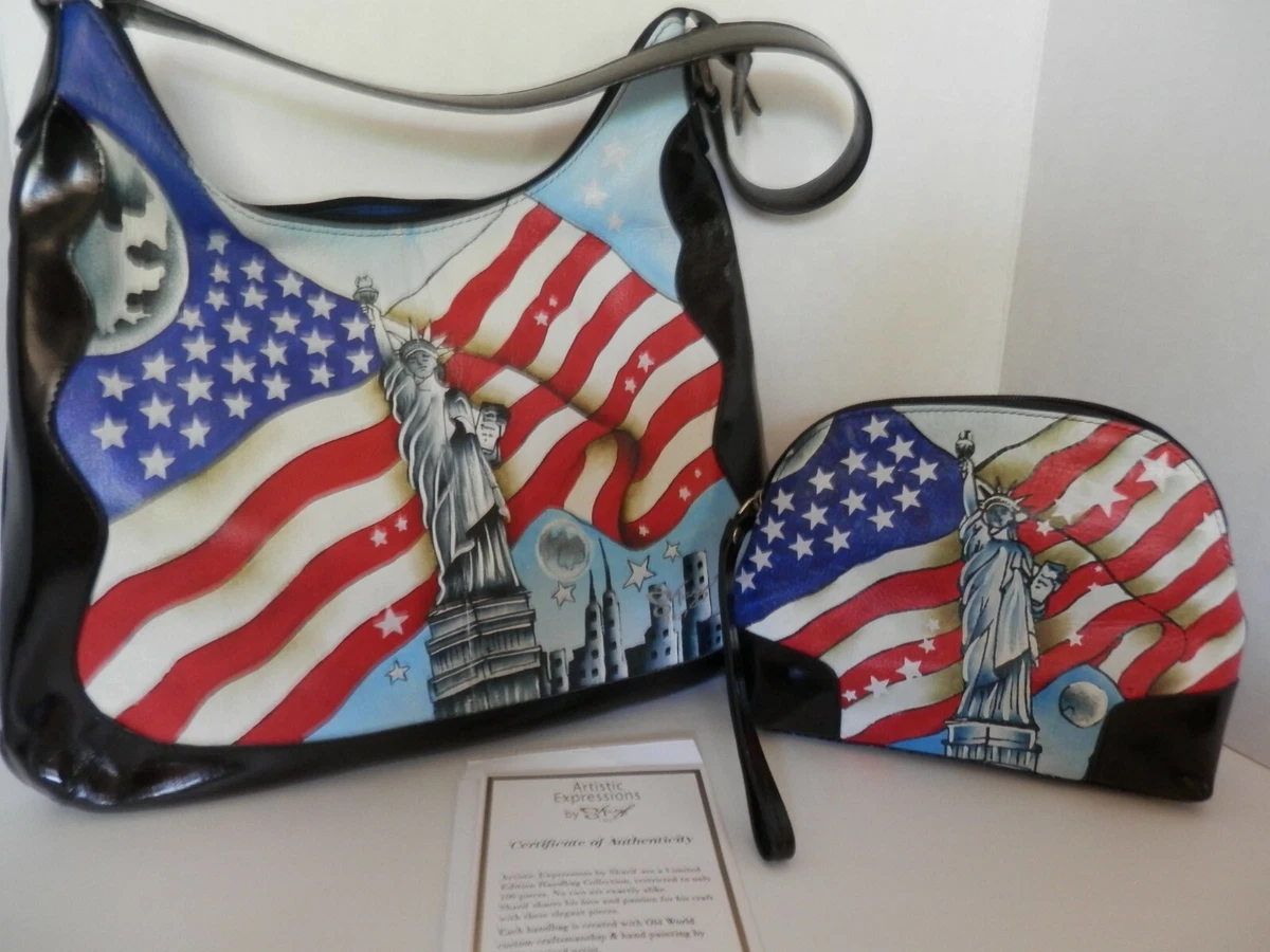 Sharif Hand Painted Leather LADY LIBERTY Hobo Handbag With