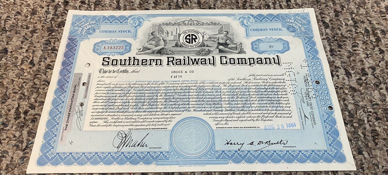 新品未使用 1961 Southern Railway Company Railroad 100 店 Stock Certificate sha