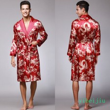 Mens Smooth Faux Silk Sleepwear Robe Floral Long Sleeve Bathrobe Kimono Homewear