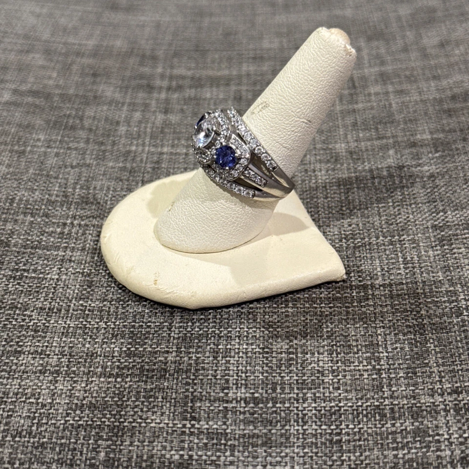 Sterling Silver~3 Stone Thick CZ Engagement Ring W/ Blue CZ Accents~Sz.8~8.5g - Image 2 of 4