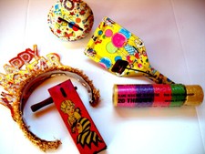 Vintage NEW YEAR Tin Litho Noise Makers, Hat and Streamers Austria LOT of 5