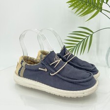 Hey Dude Youth Wally Linen Sneaker Slip On Size 2 Natural Navy Casual Shoe Light