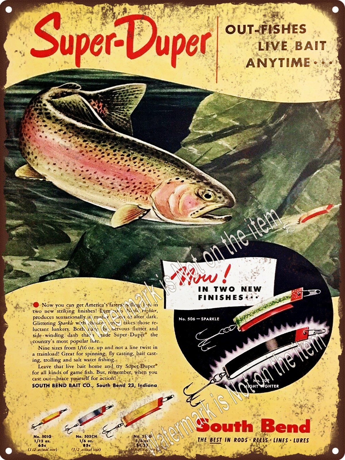1955 Super Duper South Bend Fishing Lure Bait Sparkle Metal Sign 9x12