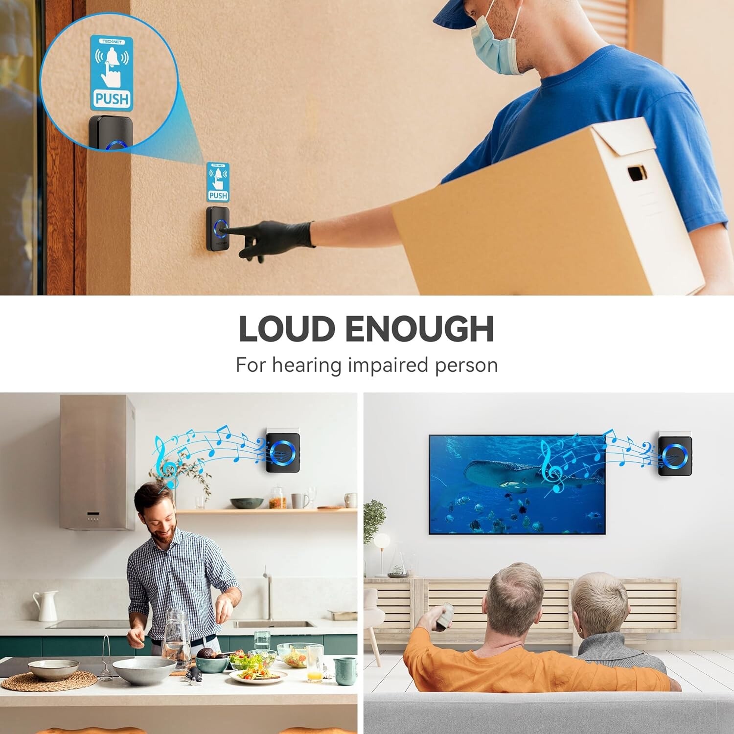 TECKNET Wireless Doorbell with 2 Plug-In Receivers, IP65 Waterproof Doorbells