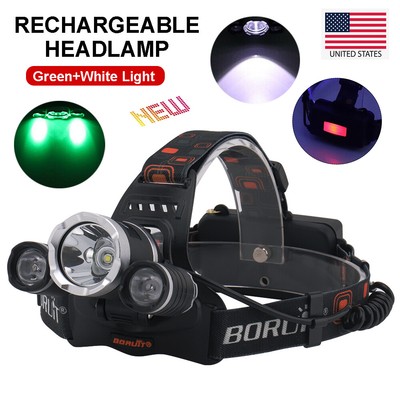 BROUIT Rechargeable Headlamp White Green Light 3X LED Hunting Headlight Battery