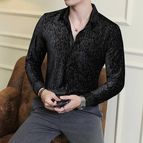 Men's Shiny Velvet Shirts Slim Fit Long Sleeve Fashion Social Shirt Clothing - Picture 5 of 17