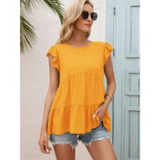 Round Neck Flutter Sleeve Tiered Blouse