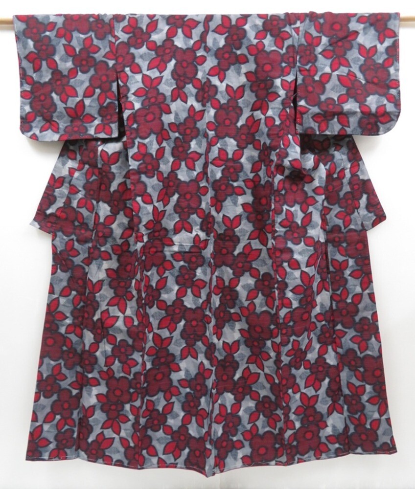 4525T08z700 Vintage Japanese Kimono Cotton KOMON Flower Dark red