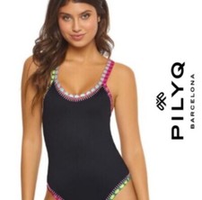 NWT Pilyq Size Small Platinum Black Crochet Rainbow Trim 1PC Swimsuit 164