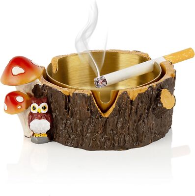 Outdoor Ashtray with Stainless Steel Tray,Owl Mushroom Cute Ashtrays for Smokers