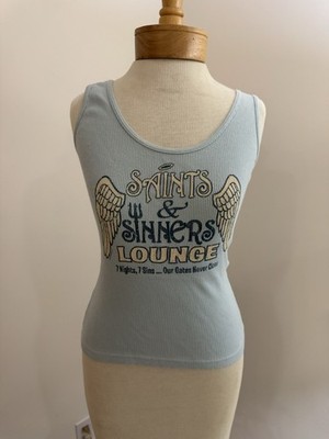 Project e Saints & Sinners Light Blue Ribbed Tank Top Women's L Vintage 2004 Y2K