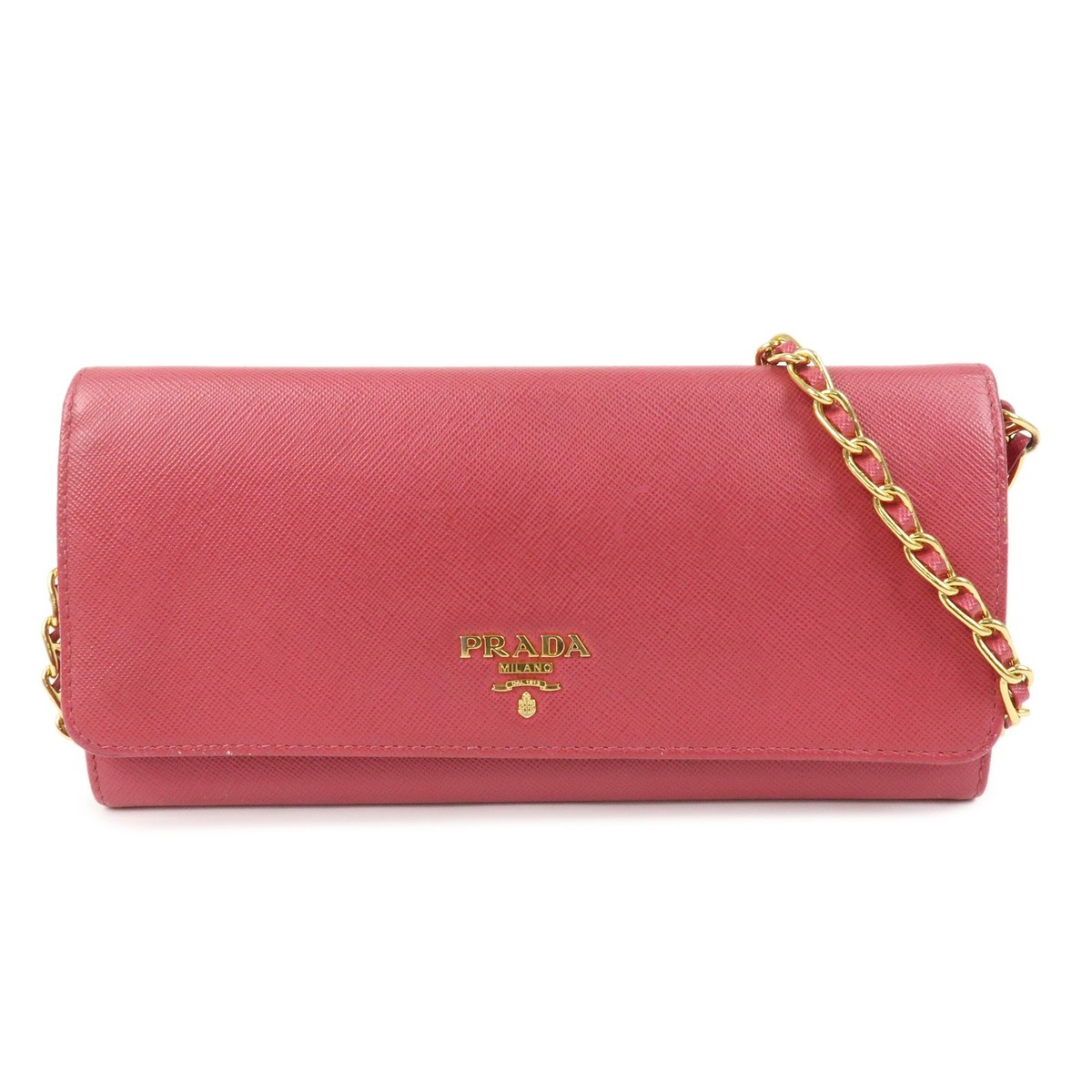 PRADA Logo Saffiano Leather WOC Chain Long Wallet Pink