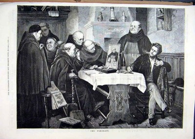 Original alter antiker Druck 1878 Portrait Mönche Tisch Männer trinken Fine Art 19.