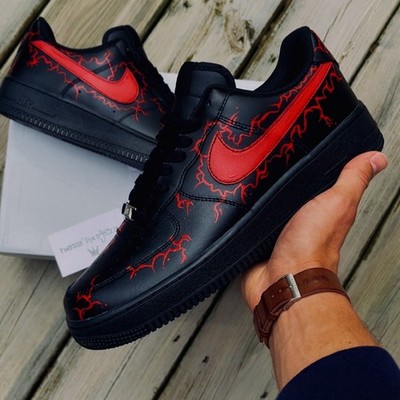 Nike Air Force 1 Low '07 Triple Black Men s Size 10.5 Custom Red Lightning - NEW
