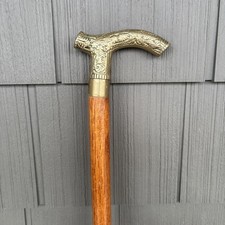 Vintage Solid Brass Desinger Head Handle Wooden Walking Stick Cane