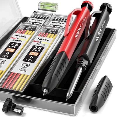 2 Pack Carpenter Pencil Set with Sharpener & Finger Grip, Mechanical Woodworking