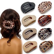 Flat Oval Claw Clips for Thick Thin Hair, Round Lay Down for Women Leopard/Matte