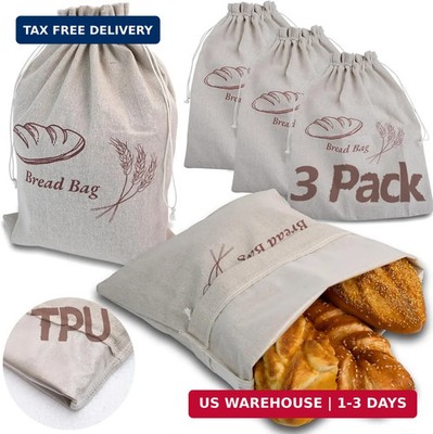 3-Pack Bread Bags for Homemade Bread Sourdough with Inner Lining, Linen Breads 
