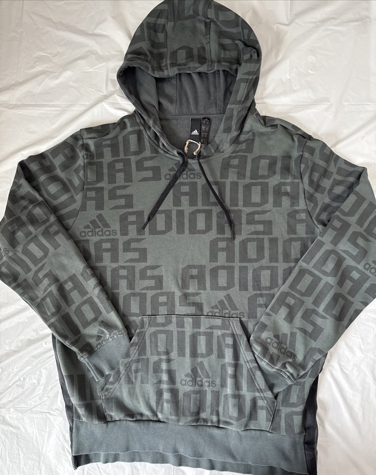 Adidas Hoodie Mens Medium Pull Over All Over Logo Spellout Sweatshirt Sweater thumbnail 2