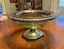 PAIRPOINT SILVER PLATE AND GREEN GLASS CENTERPIECE COMPOTE BOWL FOOTED 1920's