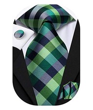 Mens Plaid Ties Classic Paisley Necktie with Handkerchief Green Plaid