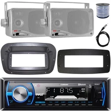Pyle 1-DIN Boat Stereo W/Install Kit + Adapter Plate, 2x 3.5'' Mini Box Speakers