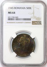 P400, Romania, Mihai I, 500 Lei 1945, Bucharest Mint, NGC MS64, Rainbow toning