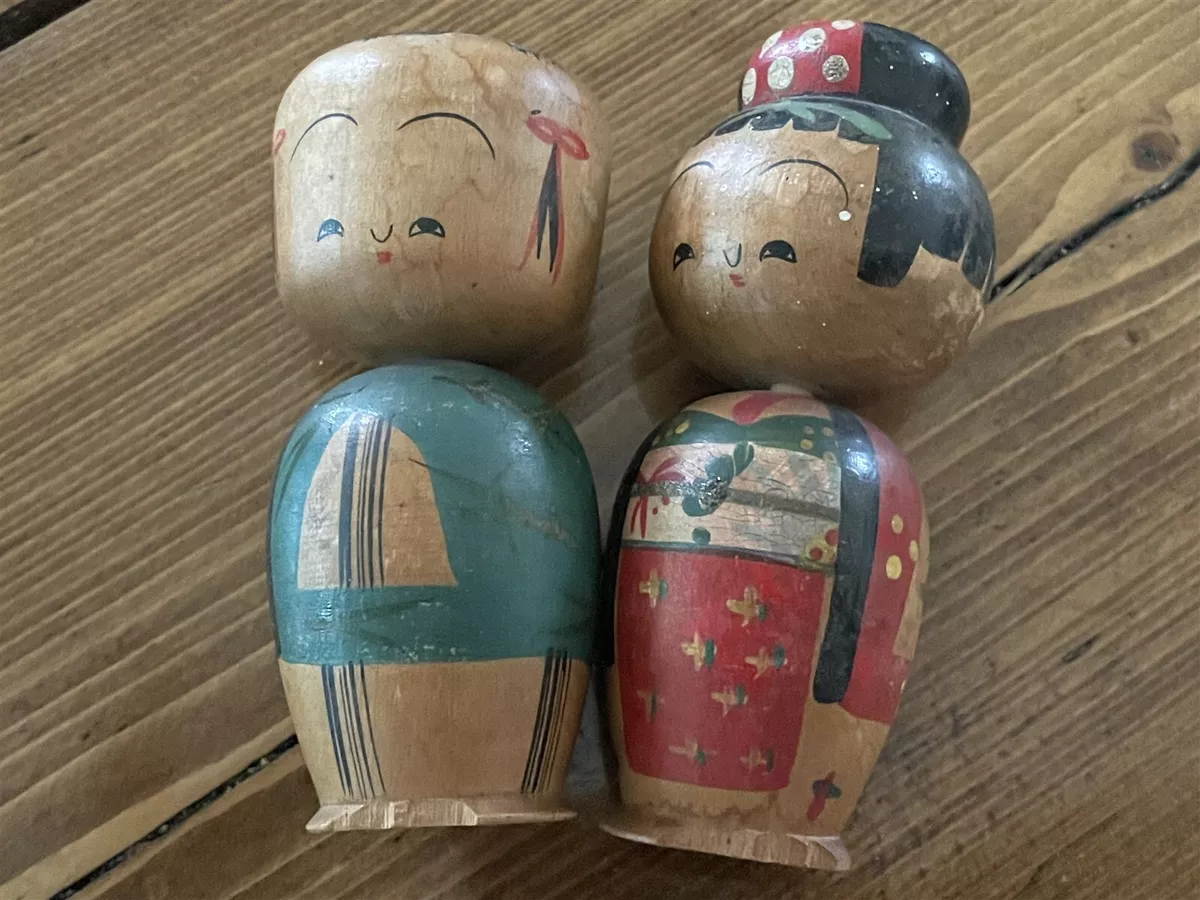 Japanese PAIR KOKESHI MAN WOMAN DOLL Signed Japan Wooden Hand Painted