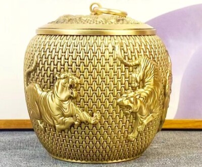 Copper Carved Animal Tiger Jar Tea Coffee Powder Storage Box Decor