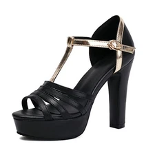 Women's Platform Chunky Heel Sandals T-Strap Open Toe Ankle Strap Dress Shoes