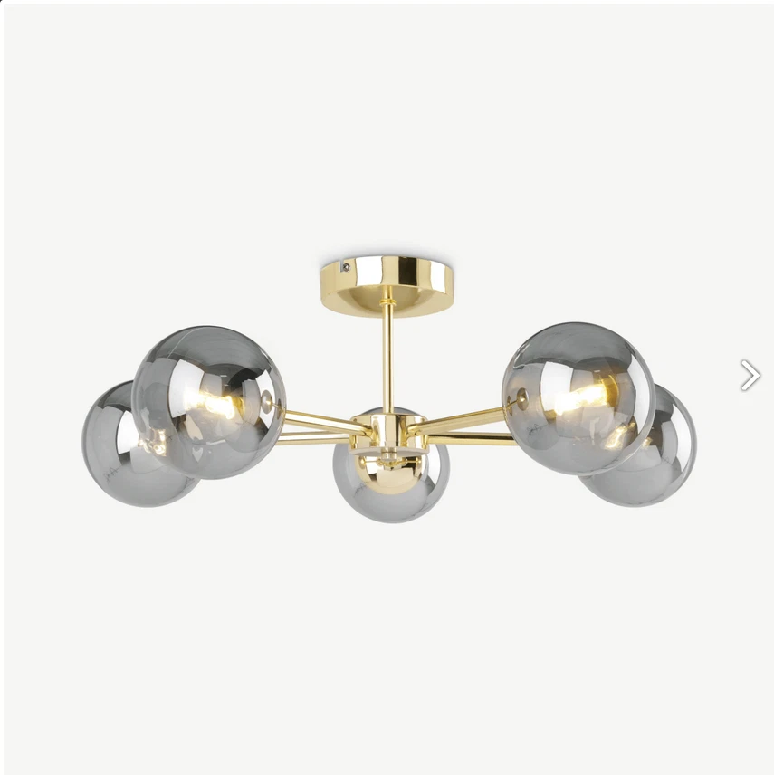 MADE Globe Large 5 Light Flush Pendant Ceiling Lamp Brass Smoked Glass