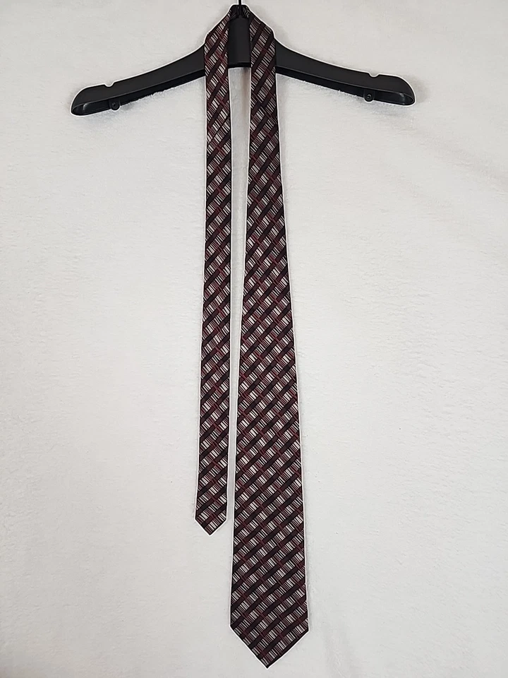 JHANE BARNES Mens 100% Silk Necktie JAPAN Designer Geometric Red Grey Silver EUC - Image 2 of 4