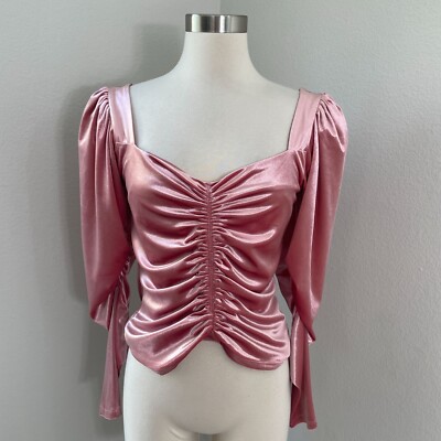 Express Womens Small Pink Velvet Ruched Long Sleeve Top Blouse Shirt