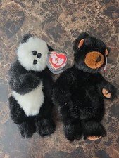  TY BEANIE BABY TY ATTIC TREASURES~IVAN THE BLACK BEAR  CHECKERS THE PANDA 8" 