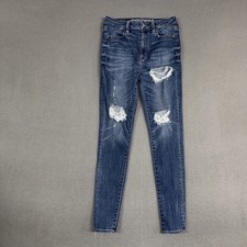 American Eagle Jeans Womens 4 Blue Super Hi-Rise Jegging Distressed Denim Cotton