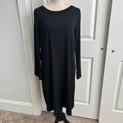 Eileen Fisher Black Tencel Lyocell Stretch Jersey Long Sleeve Shift Dress Medium