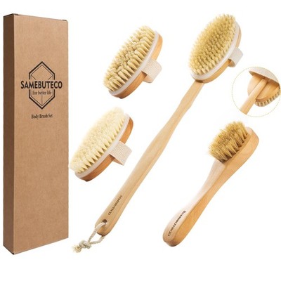 Dry Brushing Body Brush Set Long Handle, Natural Boar Bristle Body & Face Brush
