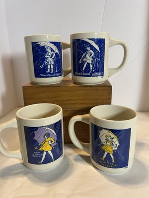 Vintage Morton Salt Girl Mug Set Japan When It Rains It Pours Advertising Cups 4