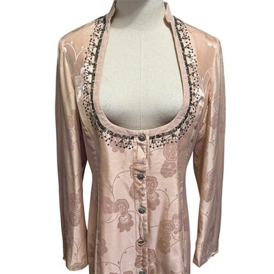 Vintage Noa Noa Pure Silk Jacquard Dress Beaded Pink Denmark Boho Couture
