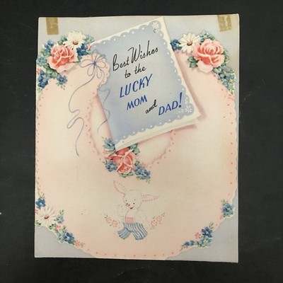 Vtg Congrats Greeting Card Sweet Bunny Rabbit Flowers Lucky Mom & Dad Naked Baby