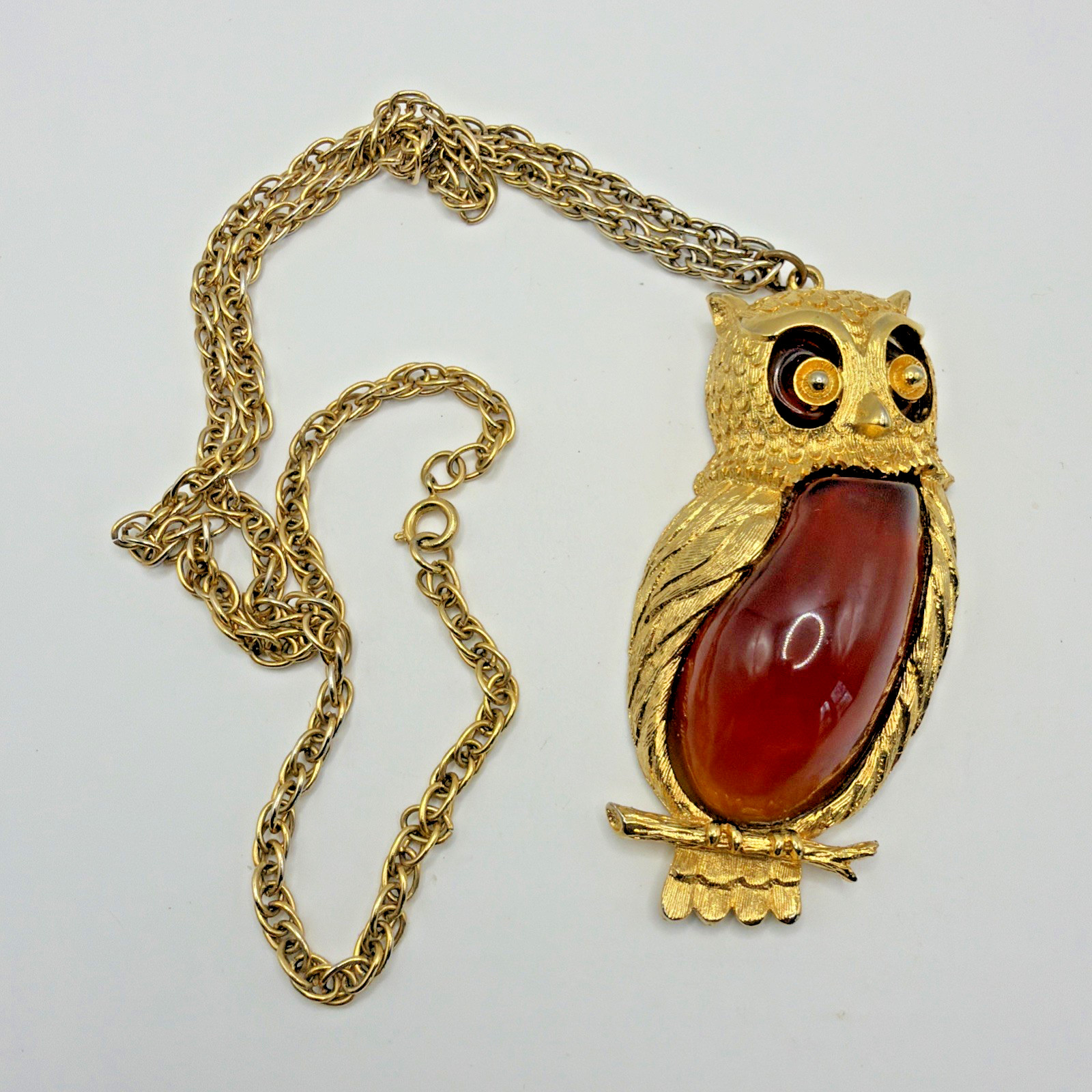 Vintage Owl Pendant Necklace Amber Inlay Gold Toned