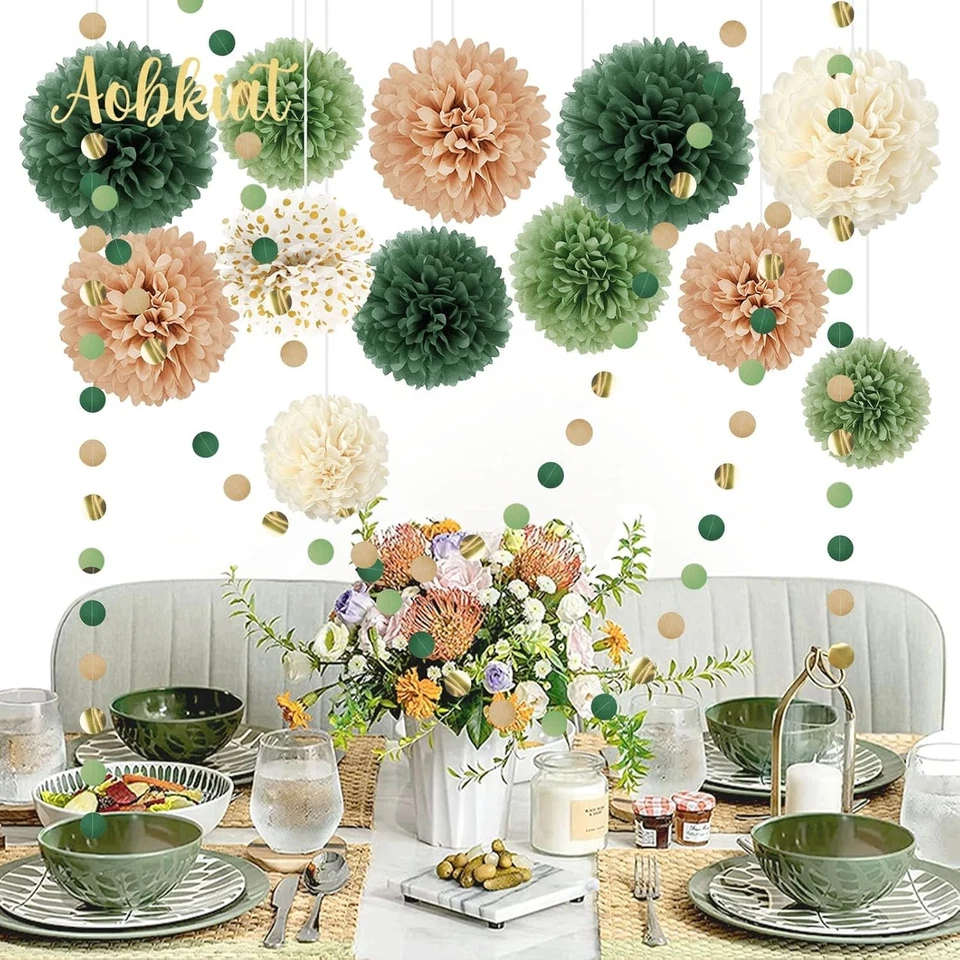 Juego de decoraciones de fiesta de boda, 15 piezas pompones de papel de seda verde, papel de puntos Ga... Foto 4 de 4