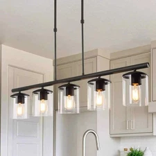LNC Modern 5-Light 37 in. Matte Black Linear Island Chandelier with Clear Glass