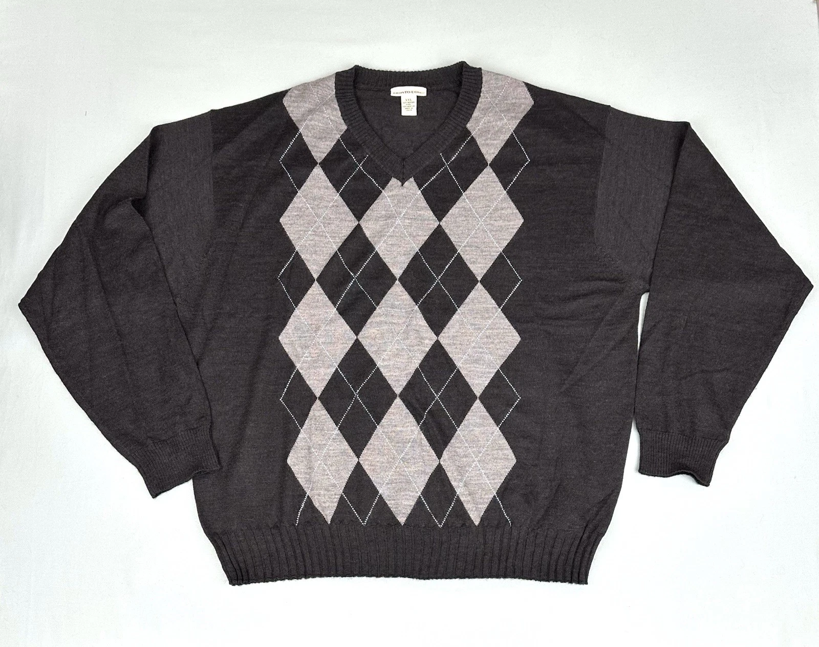 Pronto Uomo Merino Wool Blend V-Neck Men’s Sweater Argyle Gray Size 2XL New