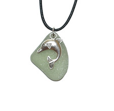 Genuine Rare Sea Glass Necklace Dolphin Charm Beach Glass Natural Women Jewelry
