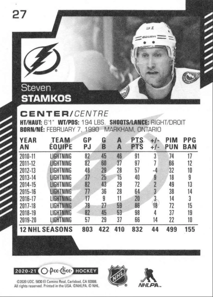 2020-21 O-Pee-Chee Steven Stamkos Tampa Bay Lightning #27 - Image 2 of 2