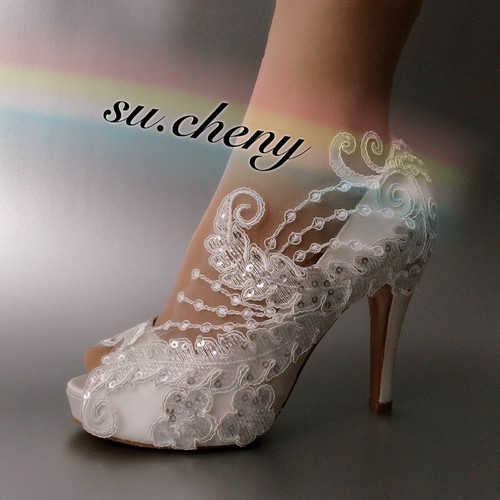 Su.cheny 3"" 4"" Tacón Satén Blanco Marfil Encaje Cristal Puntera Abierta Boda Zapatos de Novia - Imagen 3 de 14
