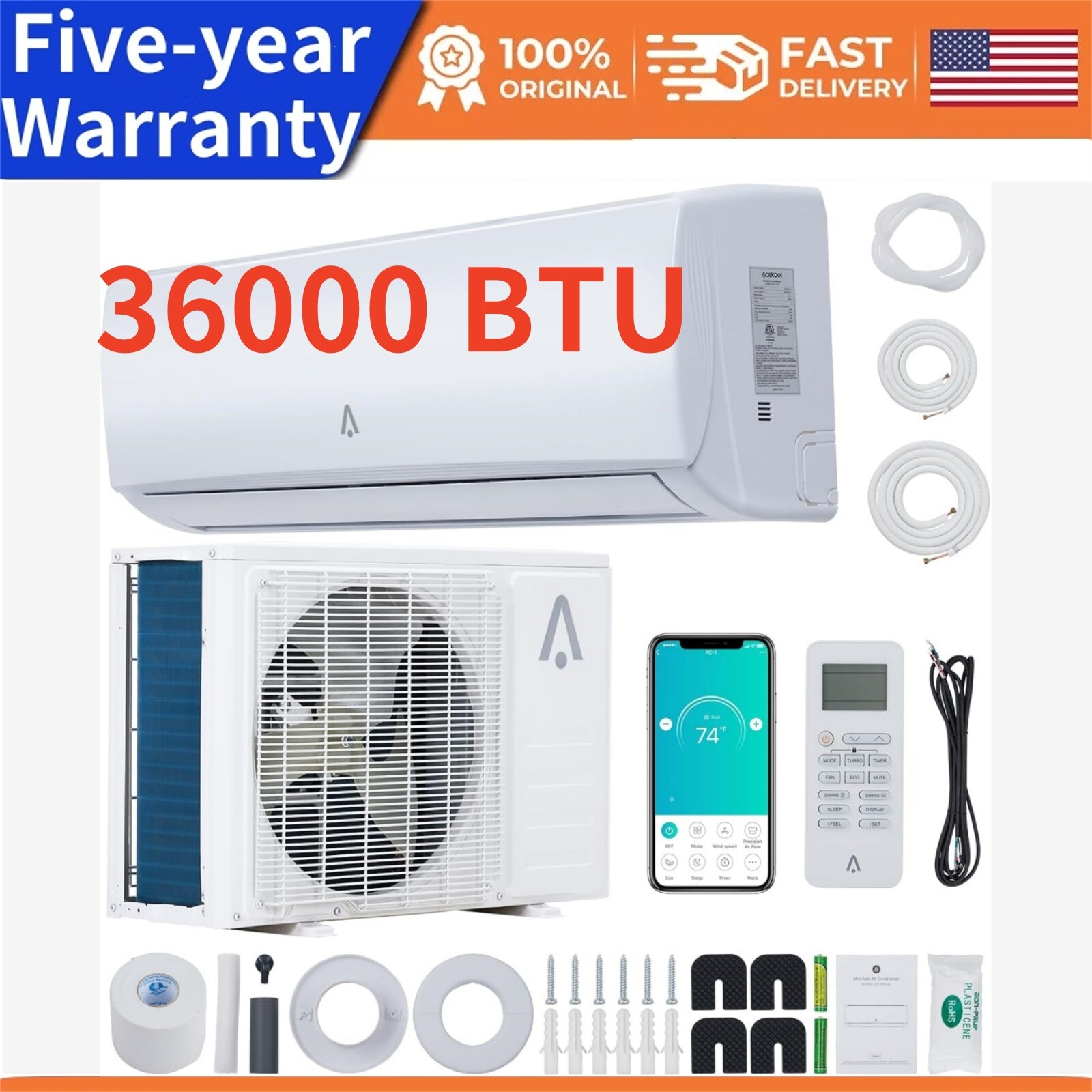 36,000 BTU 19 SEER2 Inverter Mini Split AC Unit with Installation Kit